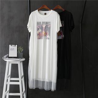 Mock Two-piece Short-sleeve Printed Midi Dress