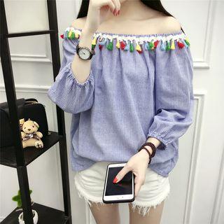 Striped Off-shoulder Tassel Blouse