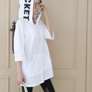 Lettering-hood Elbow-sleeve T-shirt