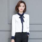 Color Panel Bow Accent Long Sleeve Blouse