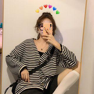 V Neck Striped Long-sleeve Top Stripe - One Size