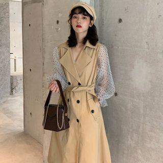 Dotted Mesh Sleeve Double-breasted Trench Coat