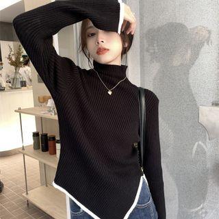 Turtleneck Two Tone Ribbed Split Sweater