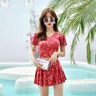 Set: Floral Short-sleeve Rashguard + Swim Skirt