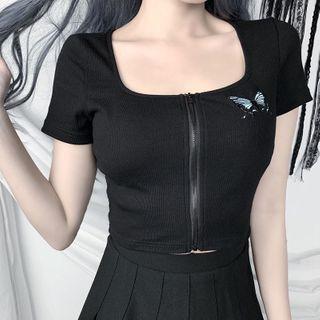 Butterfly Embroidered Short-sleeve Zip Cropped T-shirt