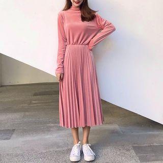 Mock-neck Long-sleeve Midi A-line Dress