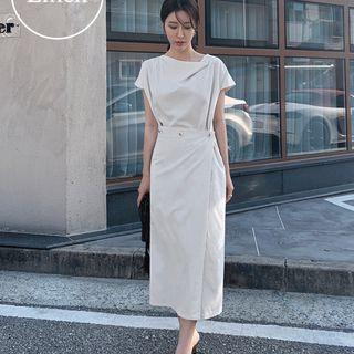 Cap-sleeve Wrap-hem Linen Blend Midi Dress