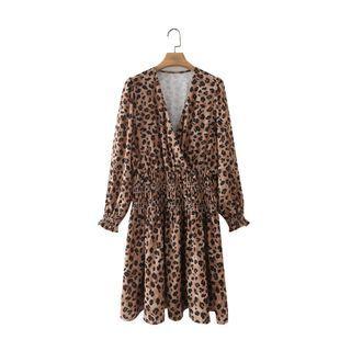 Long-sleeve V-neck Leopard Print Print Dress