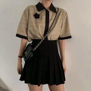 Set: Short-sleeve Plaid Shirt + Mini A-line Pleated Skirt