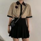 Set: Short-sleeve Plaid Shirt + Mini A-line Pleated Skirt