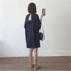 Cut Out Back Elbow-sleeve Shift Dress