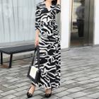 3/4-sleeve Zebra Print Midi Wrap Dress