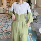 Buckled-cuff Two-tone Zip-up Shirt Jumpsuit