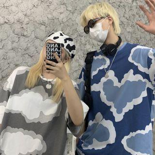 Couple Matching Elbow-sleeve Heart Cloud Print T-shirt