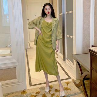 Cowl-neck Sleeveless Dress / Plaid Shirt