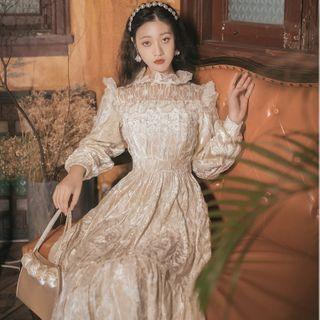 Long-sleeve Tiered Velvet Midi A-line Dress
