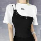 Set : Plain Round-neck Cropped T-shirt + Asymmetrical Camisole Top