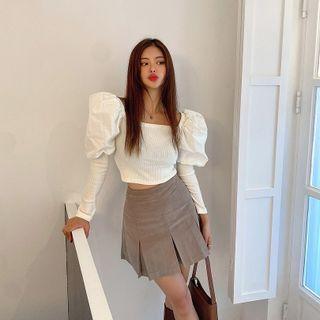 Mutton-sleeve Knit Crop Top