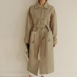Zip-detail Belted Long Coat Beige - One Size