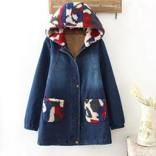 Camouflage Hood Fleece-lined Denim Jacket