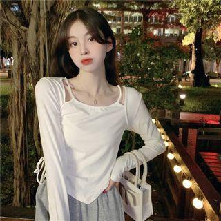 Mock Two-piece Cold-shoulder Drawstring T-shirt