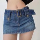Low Waist Belt-accent Mini Denim Skirt