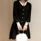 Long-sleeve Buttoned Mini A-line Knit Dress