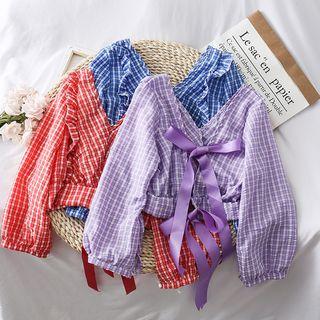 Ribbon-back Checker Crop Blouse