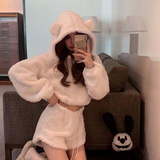 Cropped Bear Ear Fluffy Hoodie / Drawstring Shorts