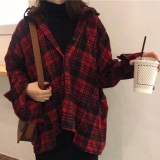 Plaid Hooded Jacket Red - One Size