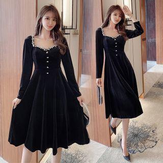 Long-sleeve Embellished Velvet Midi A-line Dress
