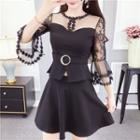 Set: Lace Bell-sleeve Top + A-line Skirt