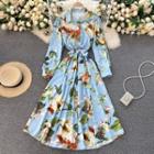 Long-sleeve Collared Floral Midi A-line Dress Blue - One Size