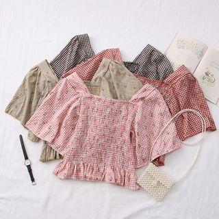 Cherry-print Checker Smocked Crop Top In 7 Colors