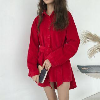 Long-sleeve Asymmetric Hem Mini Corduroy Shirtdress