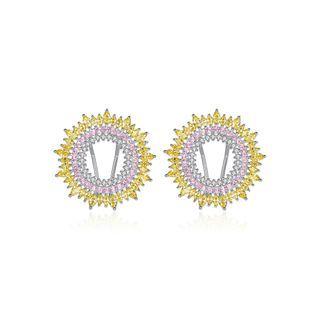 Simple Temperament Geometric Round Stud Earrings With Pink Cubic Zirconia Silver - One Size