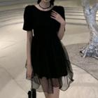 Short-sleeve Mesh Overlay A-line Dress Black - One Size