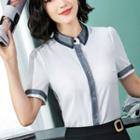 Short-sleeve Mesh Trim Shirt / Pencil Skirt