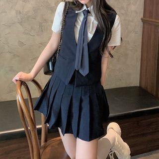 Vest / Neck Tie / Mini A-line Pleated Skirt