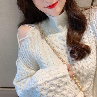 Mock-turtleneck Lace-up Cable Knit Sweater