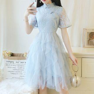 Short-sleeve Lace Panel Midi Mesh Layered Qipao