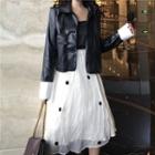 Long-sleeve Cropped Leather Jacket / Dotted Mesh-panel Maxi Skirt