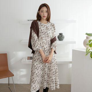 Balloon-sleeve Flared Maxi Patterned Dress Ivory - One Size