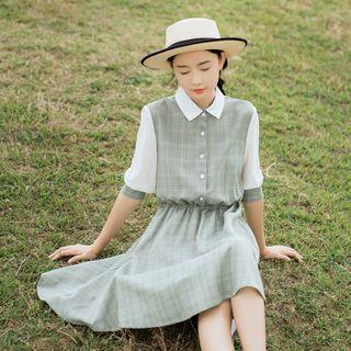 Check Elbow-sleeve A-line Shirt Dress