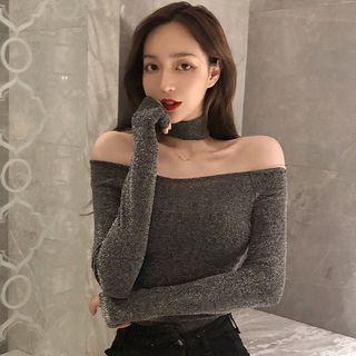 Long-sleeve Mock Neck Cold-shoulder Glitter T-shirt