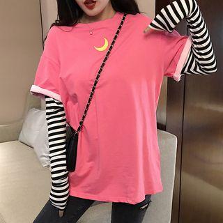 Mock Two-piece Long-sleeve Moon Print T-shirt Pink - One Size