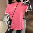 Mock Two-piece Long-sleeve Moon Print T-shirt Pink - One Size