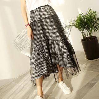 Gingham Layered Midi Skirt With Mesh Overlay