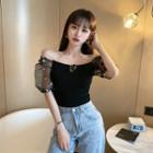 Mesh Panel Puff-sleeve Off-shoulder Knit Top
