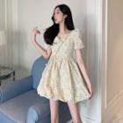 Puff-sleeve Floral Mini A-line Dress / Crossbody Bag / Set